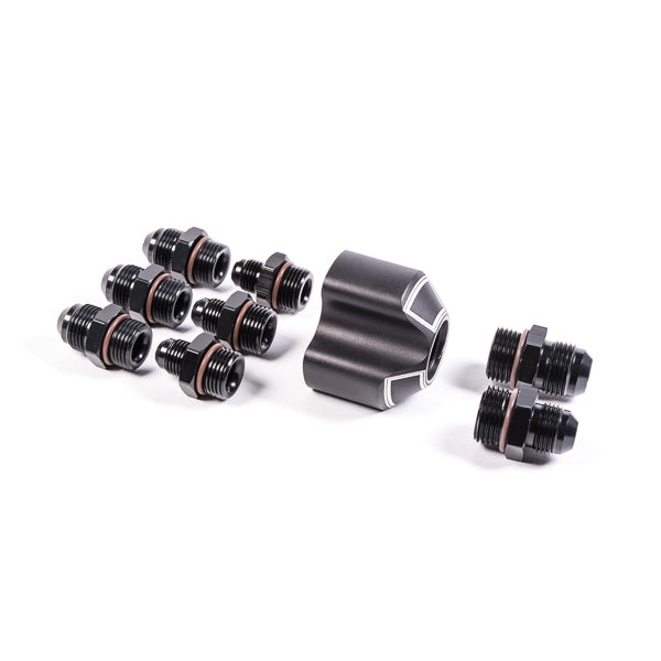 Radium Distribution Block 3 x 8AN ORB to 1 x 10AN ORB w/Fittings  - Radium Engineering | Coore Australia