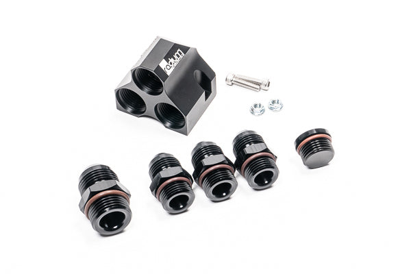 Radium Distribution Block 3 x 10AN ORB to 1 x 12AN ORB w/Fittings  - Radium Engineering | Coore Australia