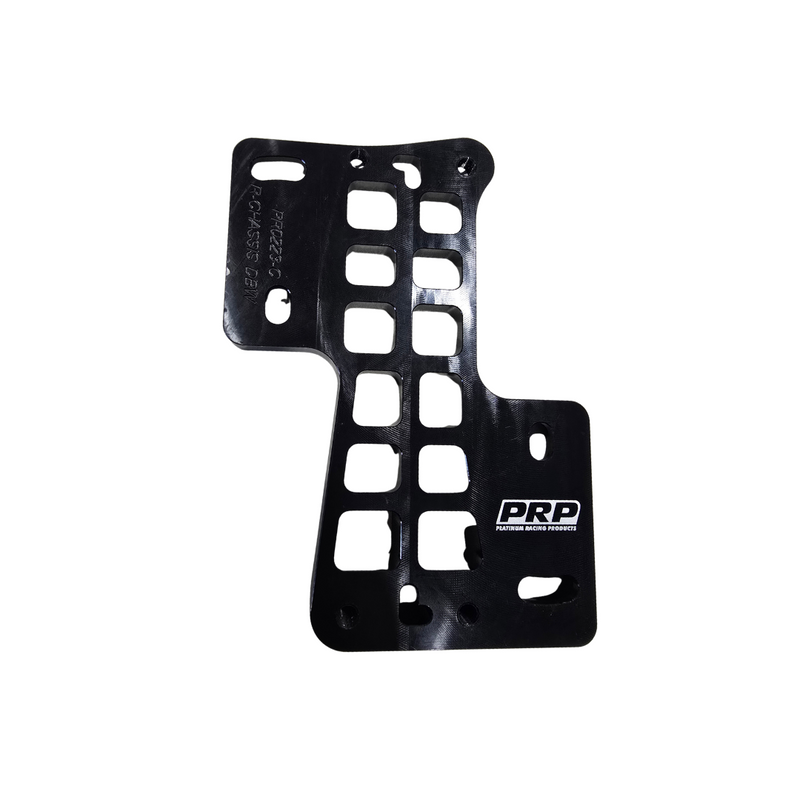 A black metal mounting plate with multiple cutouts and a white PRP logo on the lower right, shown against a plain white background.