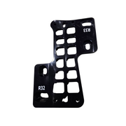 A black anodized aluminum plate or bracket with multiple cutouts and white stamped alphanumeric markings 'R32' and 'R33', shown on a plain white background.