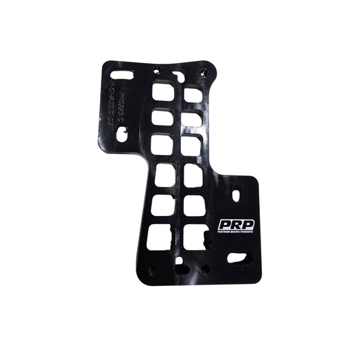 A black metal mounting plate with multiple cutouts and a white PRP logo on the lower right, shown against a plain white background.
