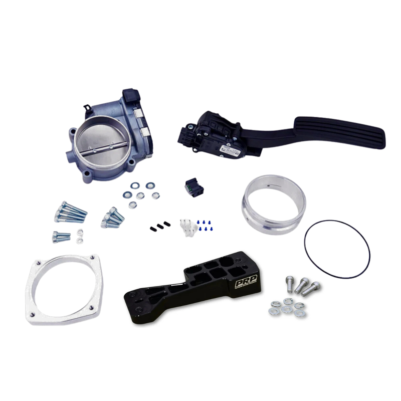 A complete throttle body modification kit laid out on a white background, including a blue throttle body, black throttle linkage, silver and black mounting hardware, washers, screws, and brackets.