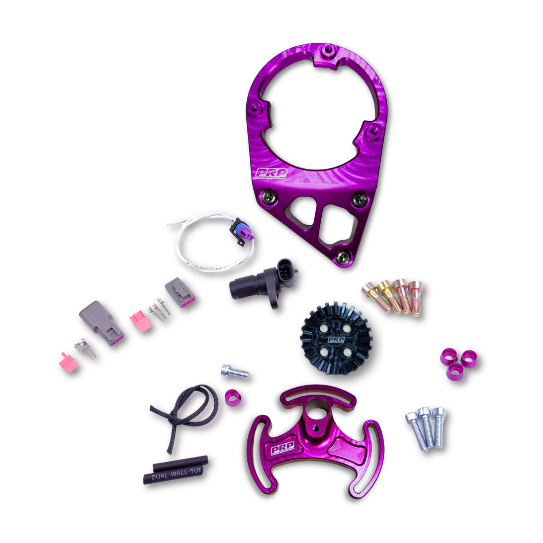 Purple and pink mechanical parts on a white background