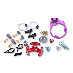 Collection of mechanical parts and tools on a white background