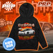 Black hoodie with car graphic and PRP branding on an orange and black background