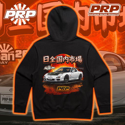 Black hoodie with car graphic and PRP logo on an orange background