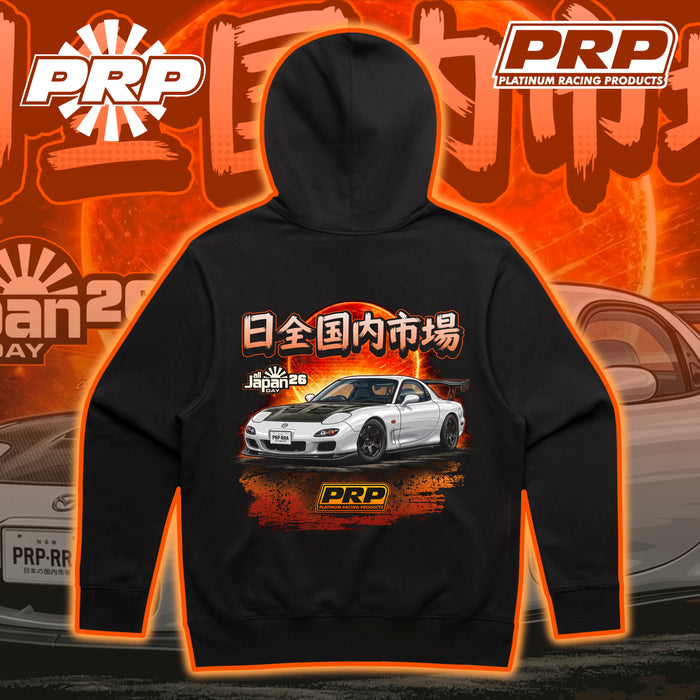 Black hoodie with car graphic and PRP logo on an orange background