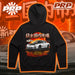 Black hoodie with car graphic and PRP logo on an orange background