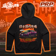 Black hoodie with car graphic and PRP logo on an orange and black background