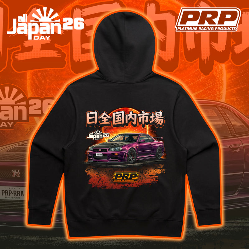 Black hoodie with car graphic and PRP logo on an orange and black background