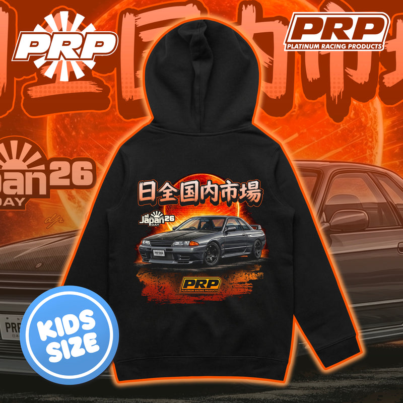Black hoodie with car graphic and PRP logo on an orange background
