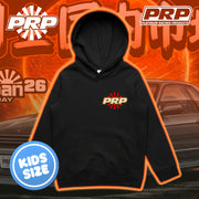 Black hoodie with PRP logo on an orange background with car and racing elements.
