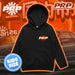 Black hoodie with PRP logo on an orange background with car and racing elements.