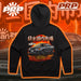 Black hoodie with car graphic and PRP logo on an orange and black background