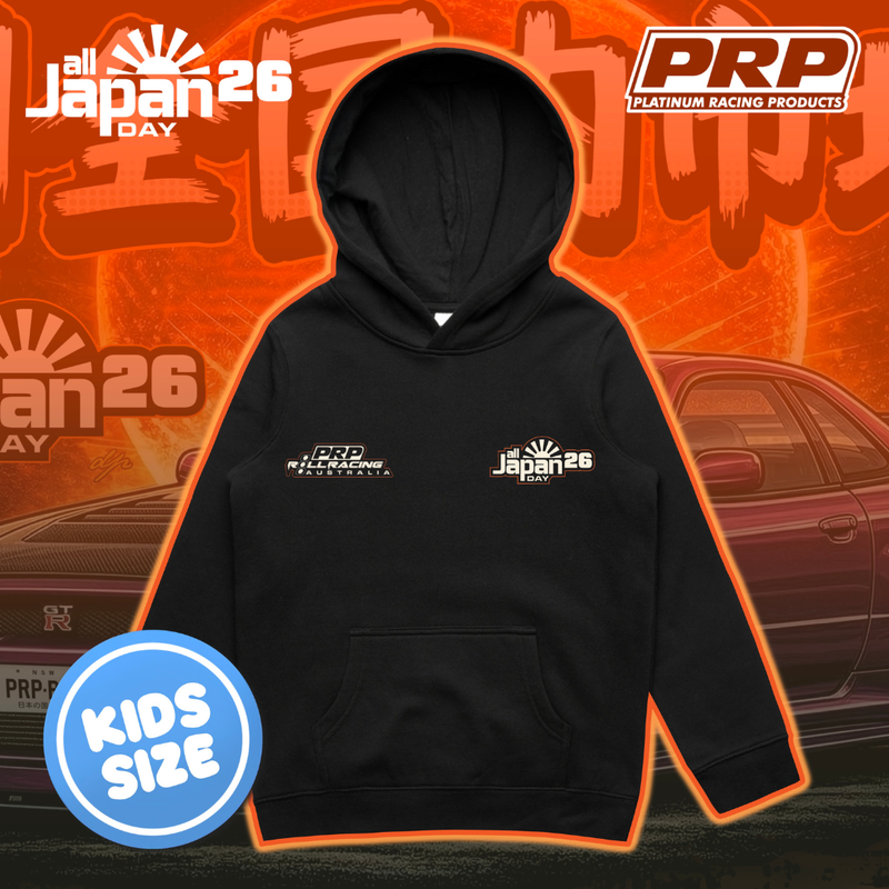 Black hoodie with logos on a background featuring 'all Japan 26' and 'PRP Platinum Racing Products'.