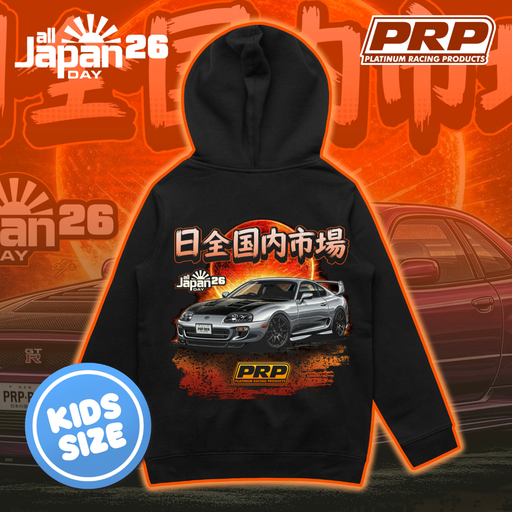 Black hoodie with car graphic and PRP logo on an orange background with 'all Japan 26' text.