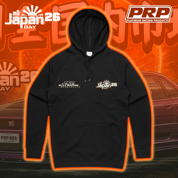 Black hoodie with logos on an orange and black background featuring cars and 'all Japan 26 Day' text.