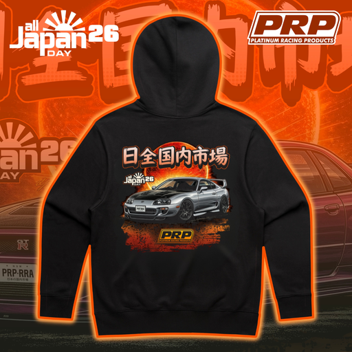 Black hoodie with car graphic and PRP branding on an orange and black background