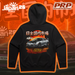 Black hoodie with car graphic and PRP branding on an orange and black background