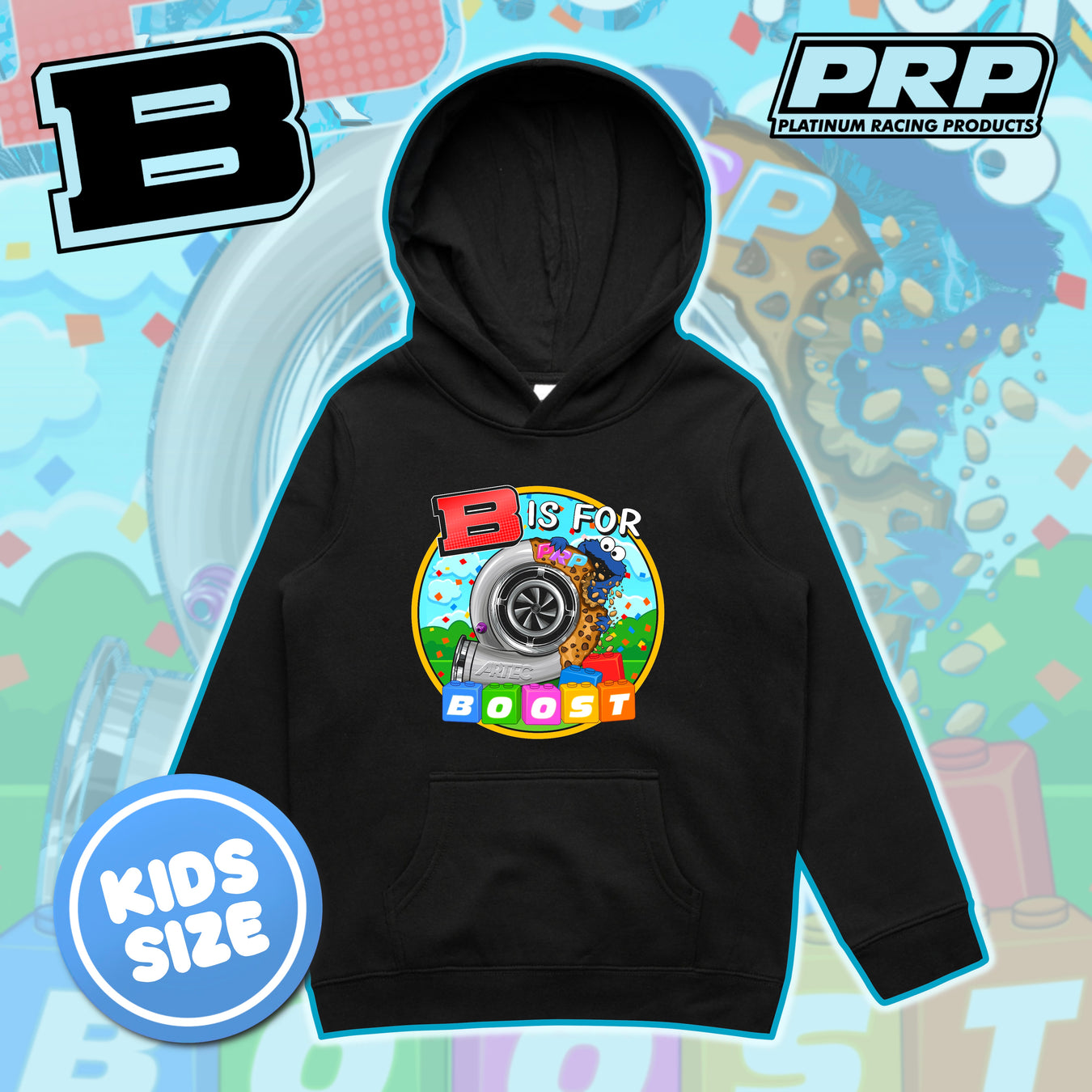 A black kids' hoodie featuring a colorful 'B IS FOR BOOST' graphic on the chest, displayed against a colorful, abstract background with 'KIDS SIZE' and 'PRP Platinum Racing Products' badges.