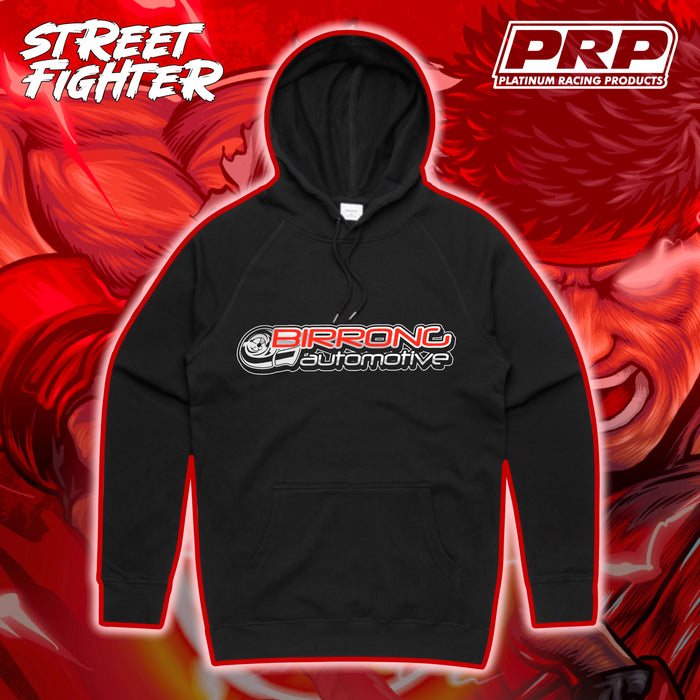 Black hoodie with 'PRP' and 'Birrong Automotive' logos on a red and orange abstract background.