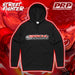 Black hoodie with 'PRP' and 'Birrong Automotive' logos on a red and orange abstract background.