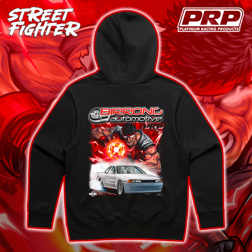 Black hoodie with a graphic design on the back, featuring a character and car, against a red and orange abstract background. PRP Platinum Racing Products logo is visible.