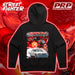 Black hoodie with a graphic design on the back, featuring a character and car, against a red and orange abstract background. PRP Platinum Racing Products logo is visible.