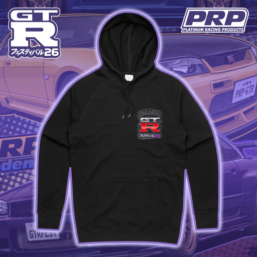 Black hoodie with GT-R logo on a background featuring a car and PRP Racing Products branding.