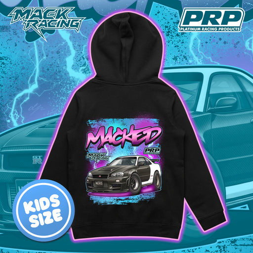 Black hoodie with car graphic and 'Macked' text on a blue background with PRP Racing and Mack Racing logos.
