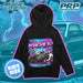 Black hoodie with car graphic and 'Macked' text on a blue background with PRP Racing and Mack Racing logos.