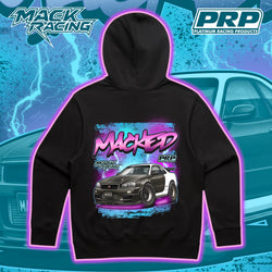 Black hoodie with car graphic and text on a blue background with racing elements