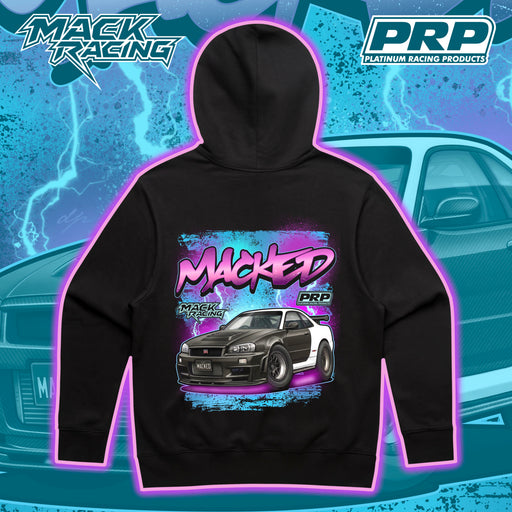 Black hoodie with car graphic and text on a blue background with racing elements