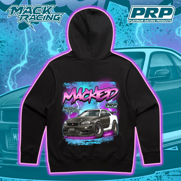 Black hoodie with car graphic and text on a blue background with racing elements