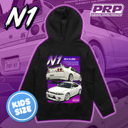 Black hoodie with car graphics and PRP branding on a purple background