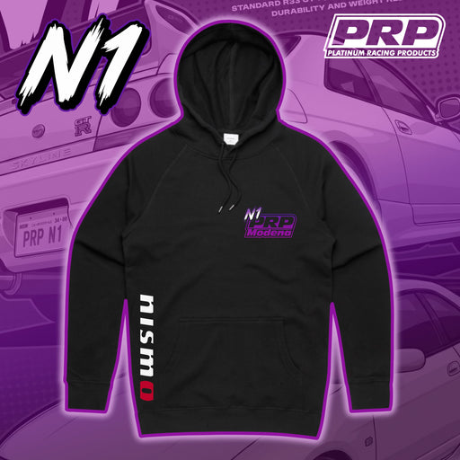 Black hoodie with PRP and Nismo logos on a purple background with car images.