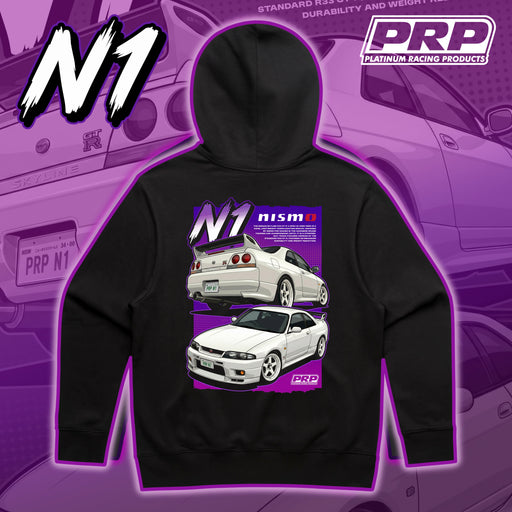 Black hoodie with car graphics and PRP and Nismo branding on a purple background