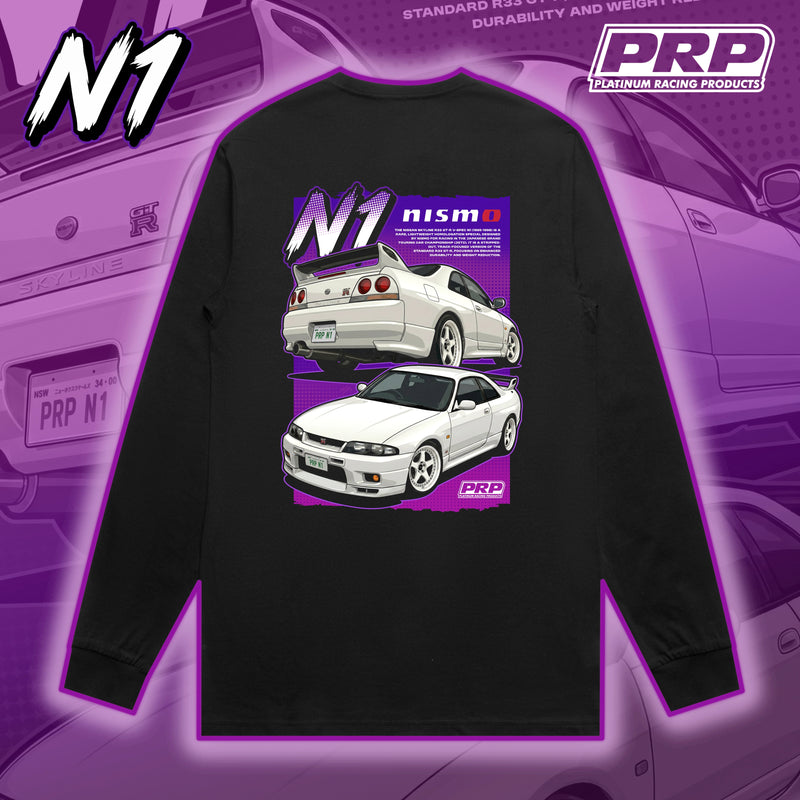 Black long-sleeve shirt with car graphics and PRP branding on a purple background