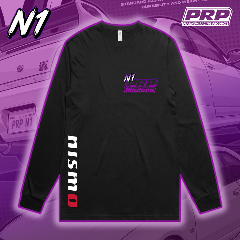 Black long-sleeve shirt with PRP and Nismo logos on a purple background