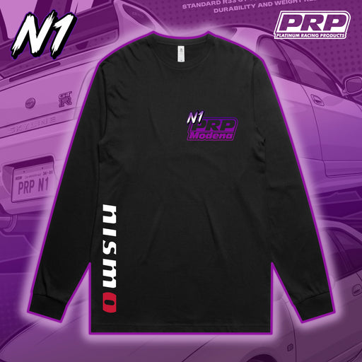 Black long-sleeve shirt with PRP and Nismo logos on a purple background