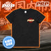 Black t-shirt with PRP logo on a background with cars and PRP branding.