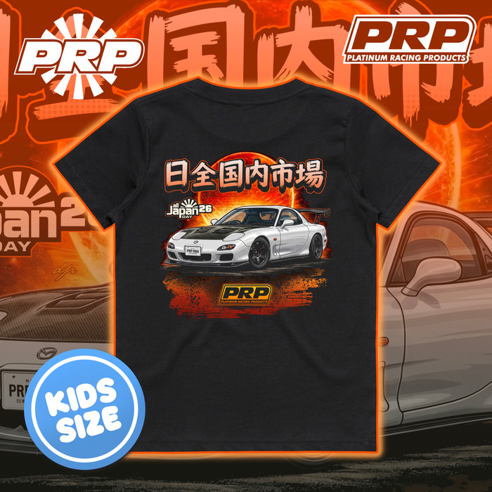 Black t-shirt with car graphic and PRP logo on an orange background
