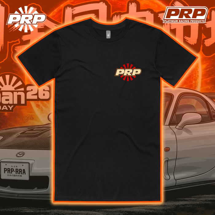 Black t-shirt with PRP logo on an orange and car-themed background