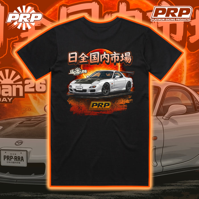 Black t-shirt with car graphic and PRP logo on an orange and brown background