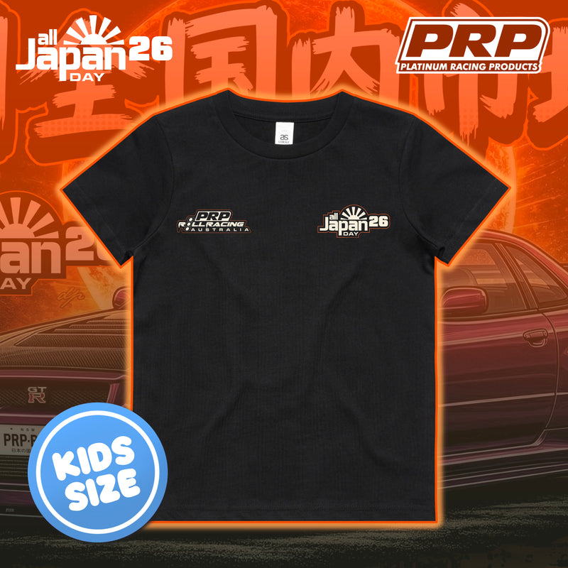 Black t-shirt with PRP and all Japan 26 Day logos on an orange background with car and event graphics.