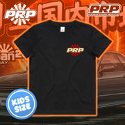 Black t-shirt with PRP logo on a background with cars and PRP branding.