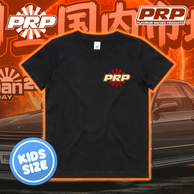 Black t-shirt with PRP logo on a background with cars and PRP branding.