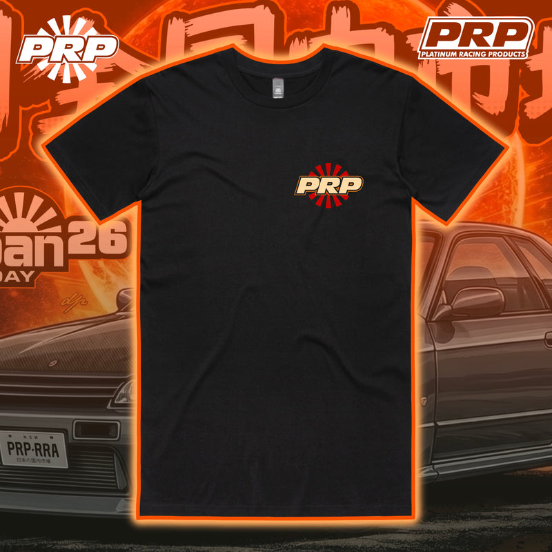 Black t-shirt with PRP logo on an orange background with cars and PRP branding.