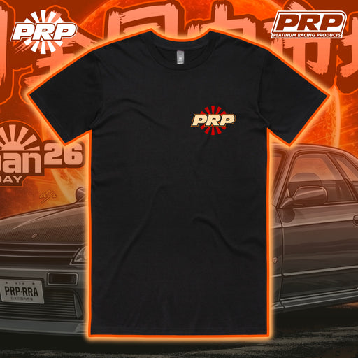 Black t-shirt with PRP logo on an orange background with cars and PRP branding.