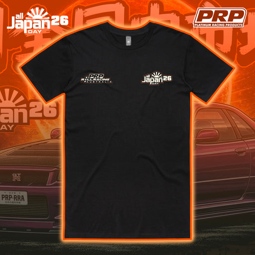 Black t-shirt with logos on an orange and black background featuring cars and 'PRP' branding.